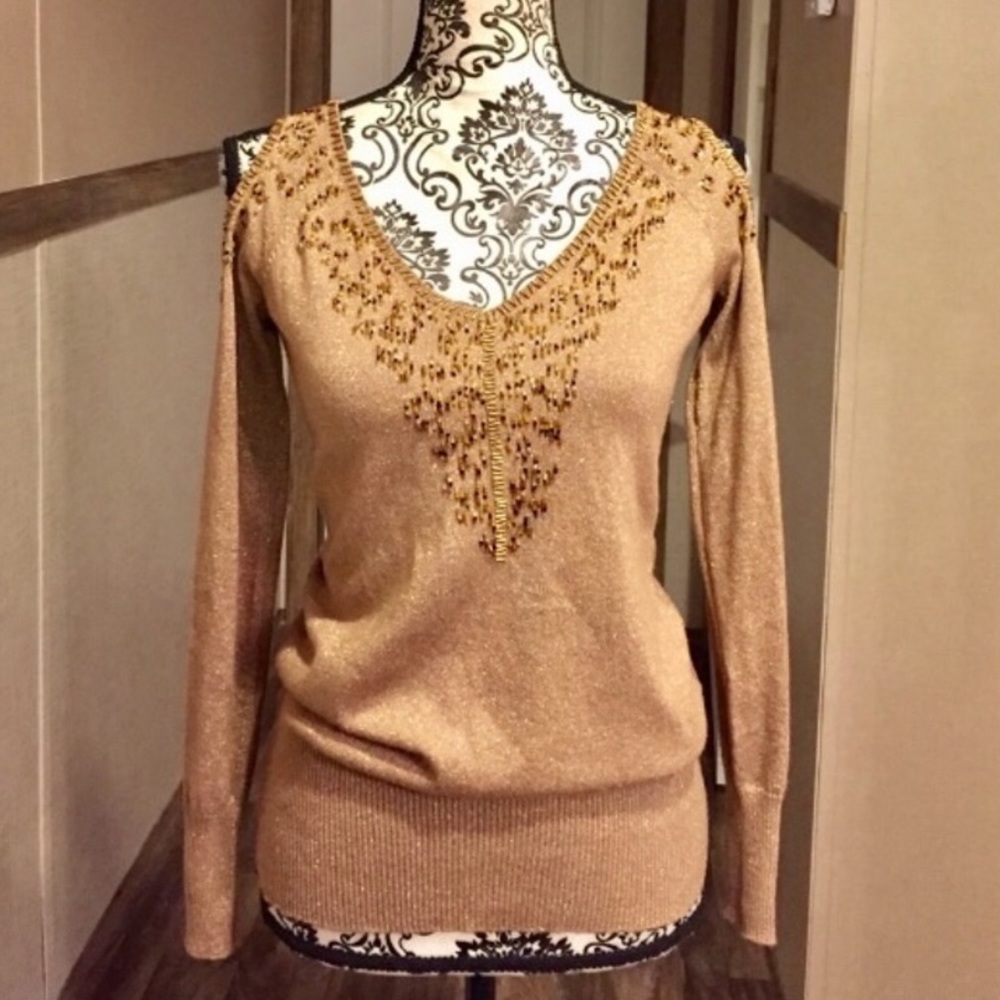 Cache Gold Beaded Cold Shoulder Sweater